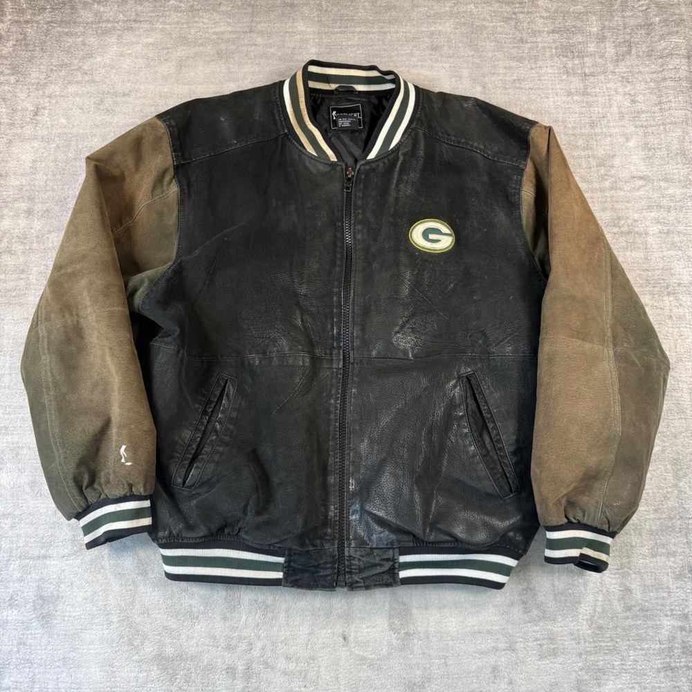 Green Bay Packers Jacket Mens XL Black Vintage Y2K Sued Leather NFL Varsity